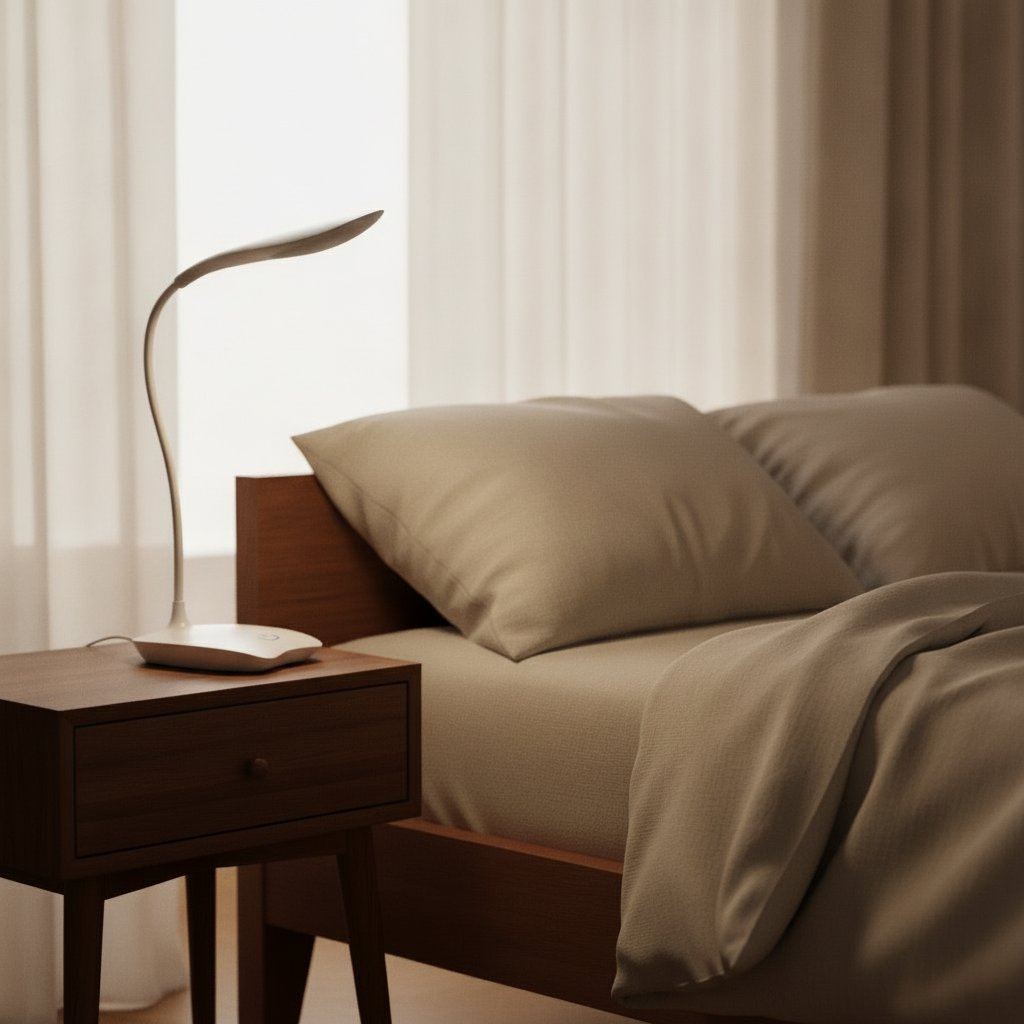 Lampe de bureau LED Cassiopée posée sur une table de chevet en bois, en journée