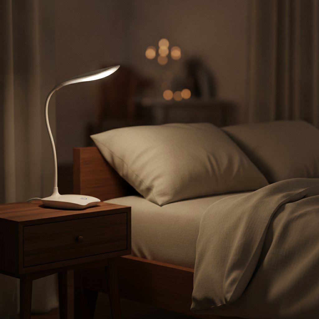 Lampe de bureau LED Cassiopée allumée le soir sur une table de chevet