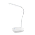 Lampe de bureau LED Cassiopée sur fond blanc, col flexible et socle à commande tactile