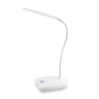 Lampe de bureau LED Cassiopée sur fond blanc, col flexible et socle à commande tactile