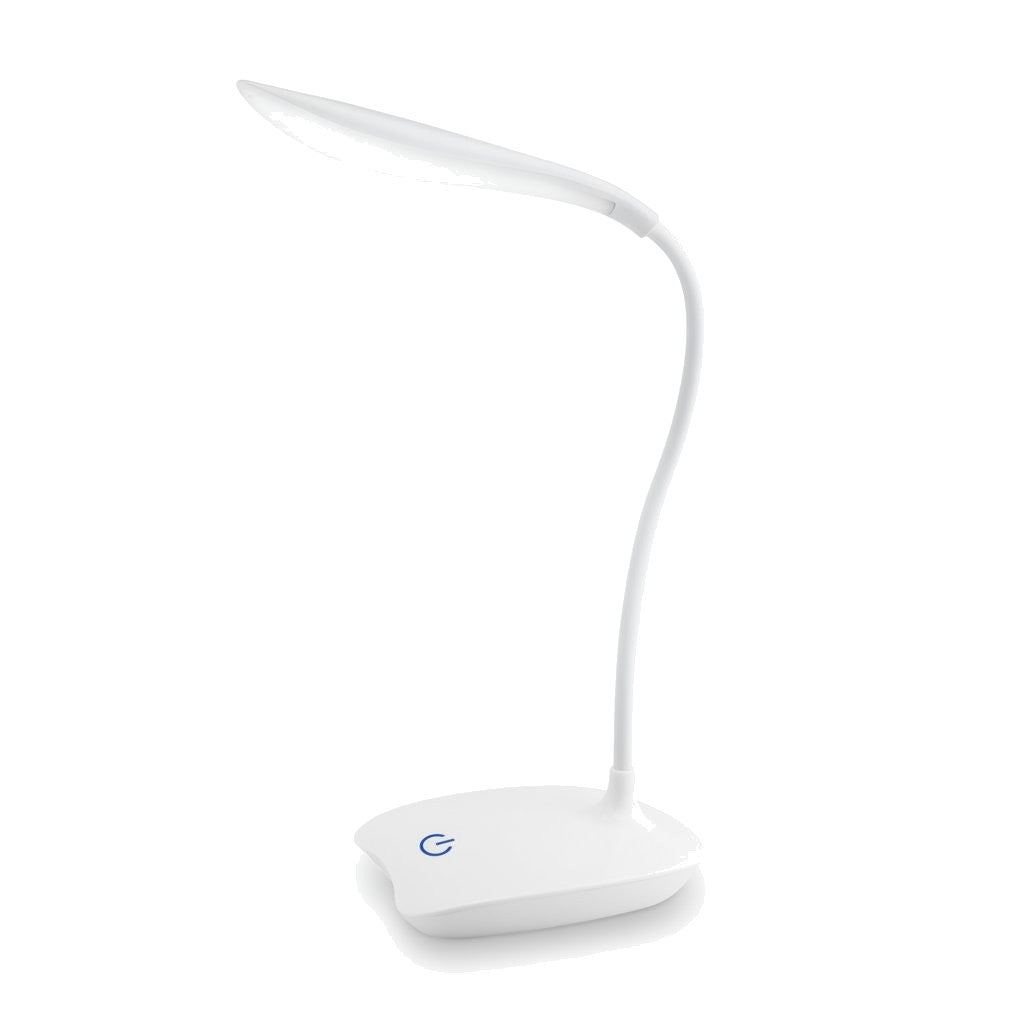 Lampe de bureau LED Cassiopée sur fond blanc, col flexible et socle à commande tactile