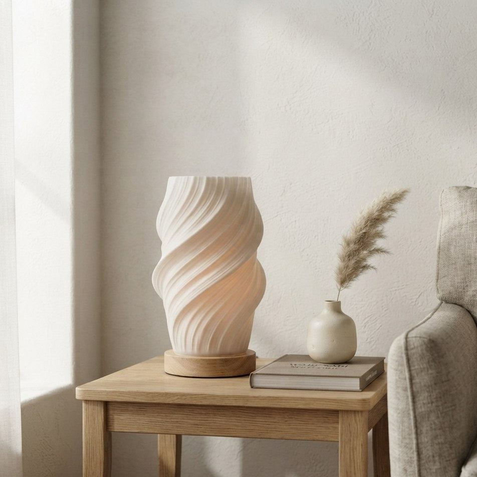 Lampe de bureau LED d'ambiance Halo posée sur une table en chêne clair dans un salon Japandi en journée — Candeora