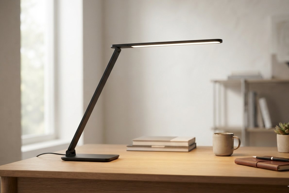Lampe de bureau LED design à barre lumineuse fine sur un bureau en bois clair