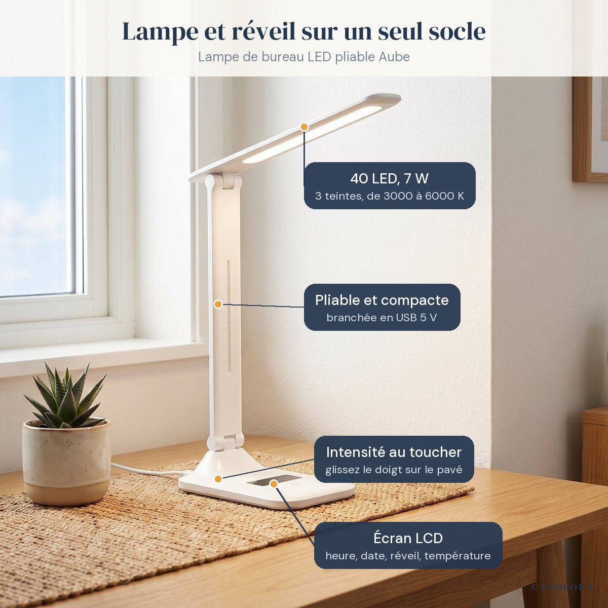 Lampe de bureau LED Aube sur un bureau, caractéristiques annotées
