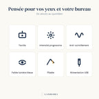 Six fonctions de la lampe Aube : tactile, intensité, anti-scintillement, faible lumière bleue, pliable, USB