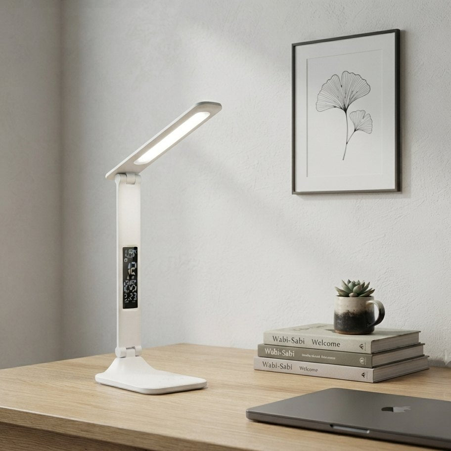 Lampe de bureau LED Aube sur un bureau en lumière blanche, en journée