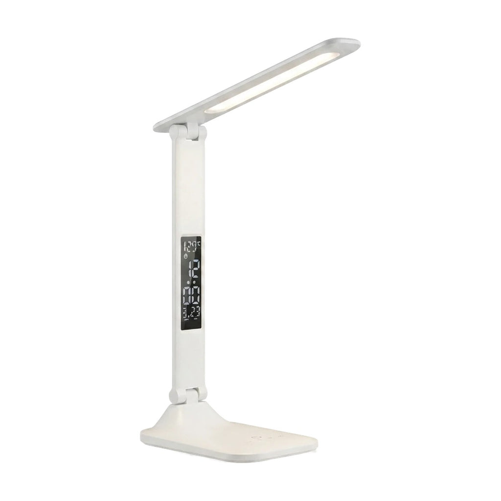 Lampe de bureau LED pliable Aube dépliée, écran affichant l'heure, sur fond blanc