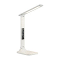 Lampe de bureau LED pliable Aube dépliée, écran affichant l'heure, sur fond blanc
