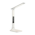 Lampe de bureau LED pliable Aube dépliée, écran affichant l'heure, sur fond blanc