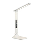 Lampe de bureau LED pliable Aube dépliée, écran affichant l'heure, sur fond blanc