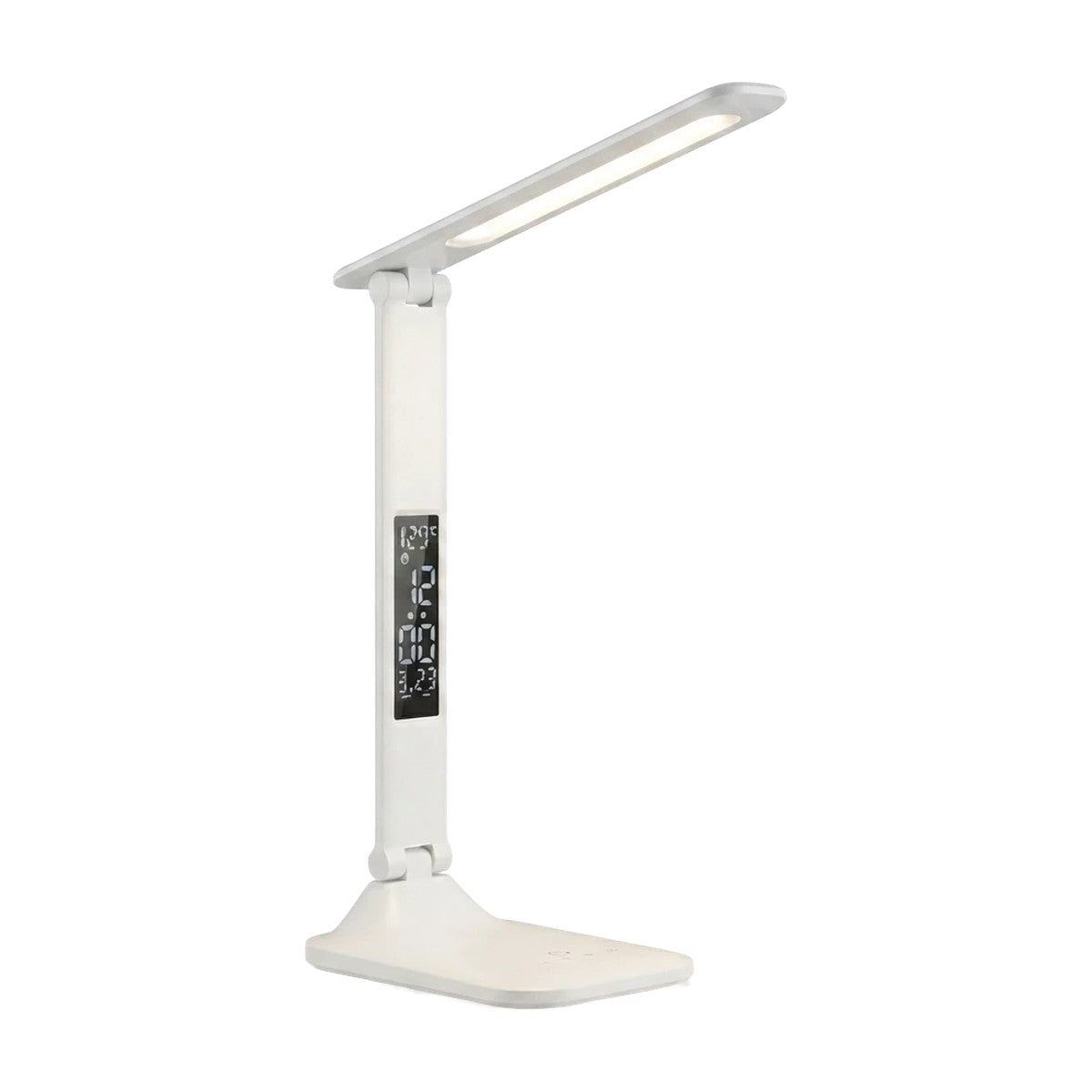 Lampe de bureau LED pliable Aube dépliée, écran affichant l'heure, sur fond blanc