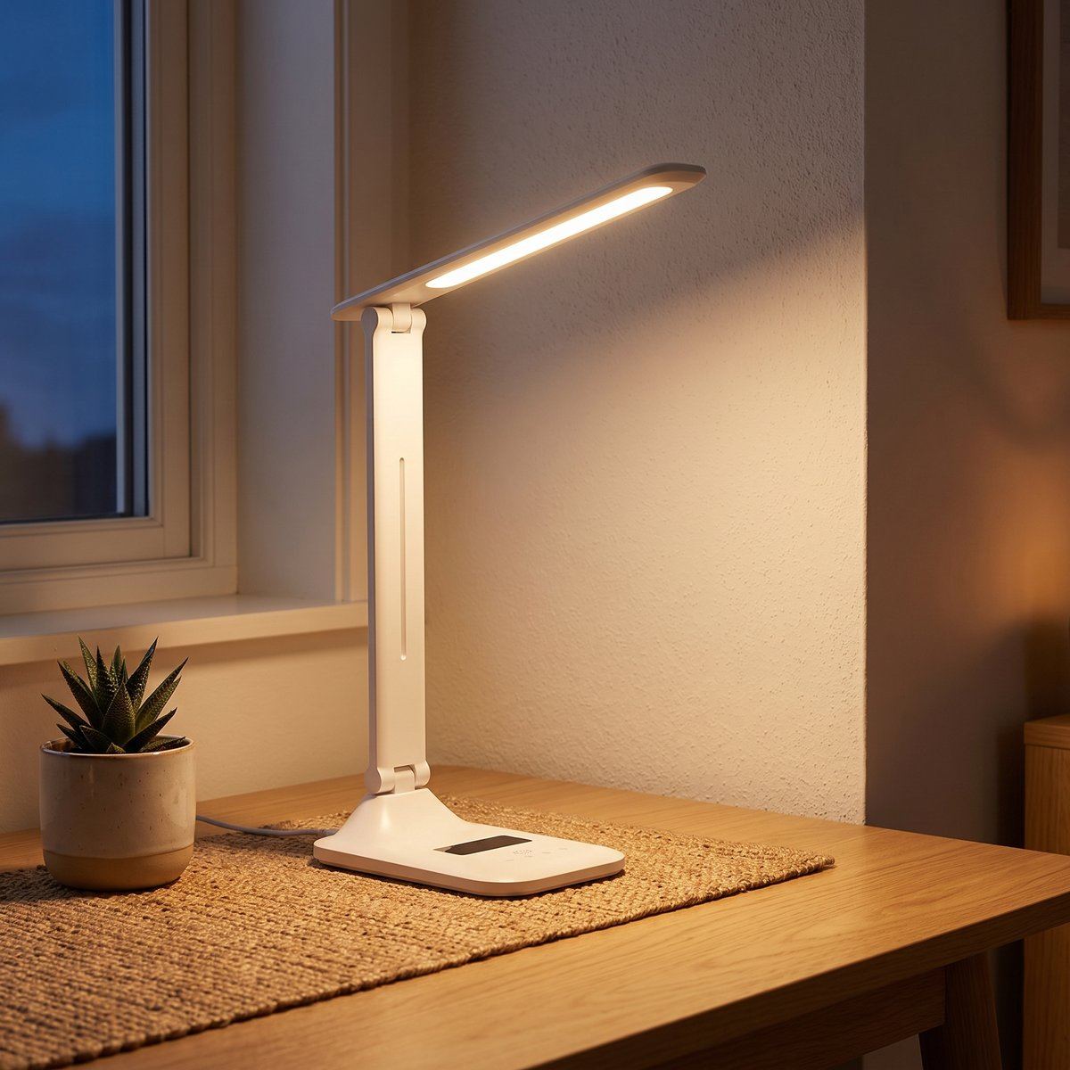 Lampe de bureau LED pliable Aube en lumière chaude sur un bureau en chêne, ambiance du soir