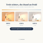 Trois teintes de la lampe Aube : 3000 K, 4500 K, 6000 K