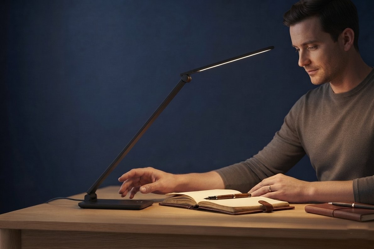 Homme réglant sa lampe de bureau LED pendant sa lecture, lueur chaude sur le bureau
