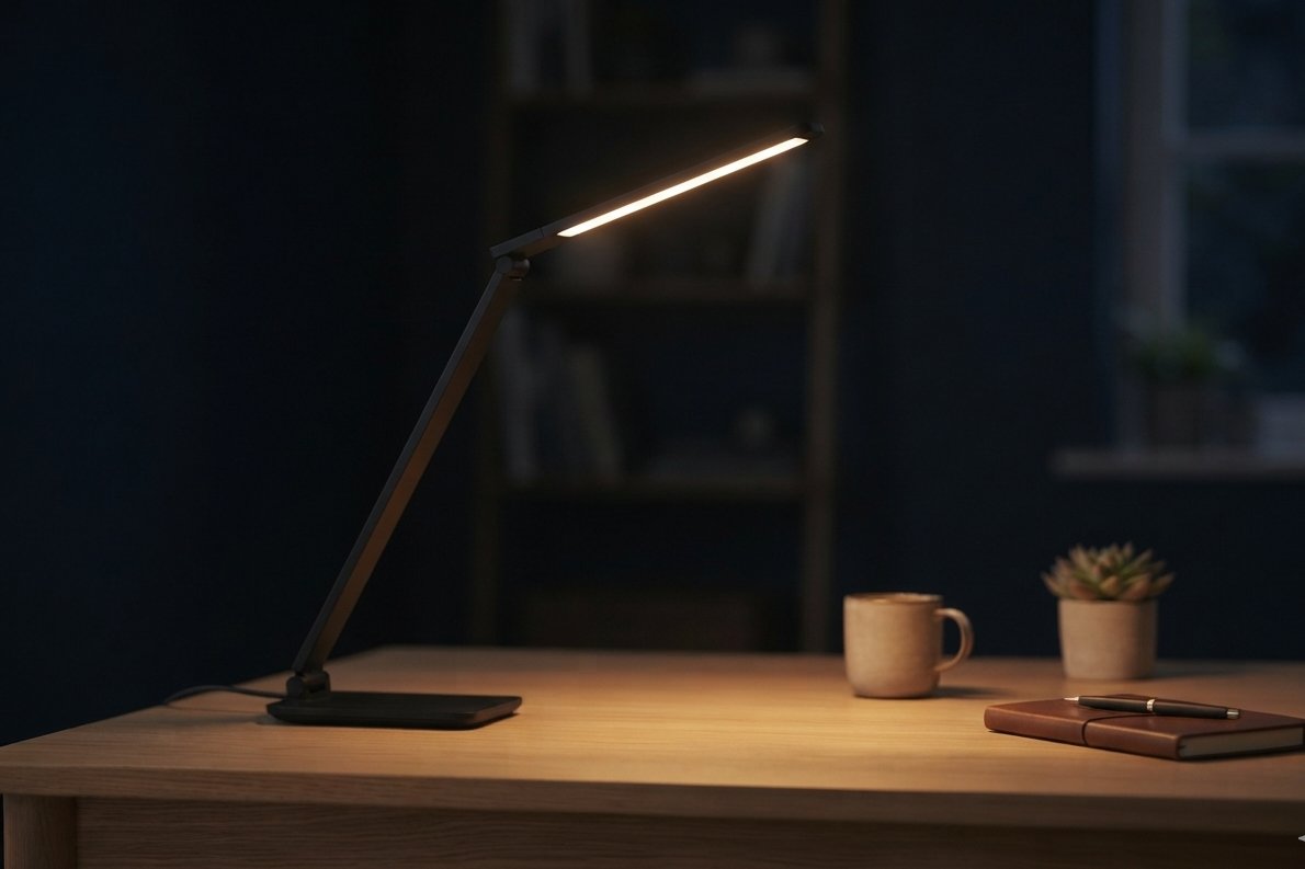 Lampe de bureau LED allumée le soir diffusant une lumière chaude dans un bureau