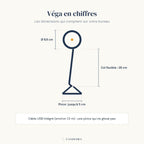 Véga en chiffres : anneau 8,8 cm, col flexible 28 cm, pince jusqu'à 5 cm, câble USB 1,5 m