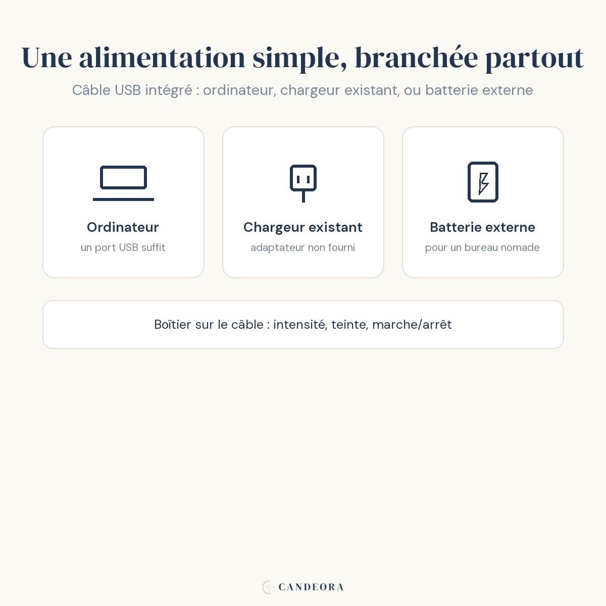 Véga : alimentation USB, ordinateur, chargeur existant ou batterie externe