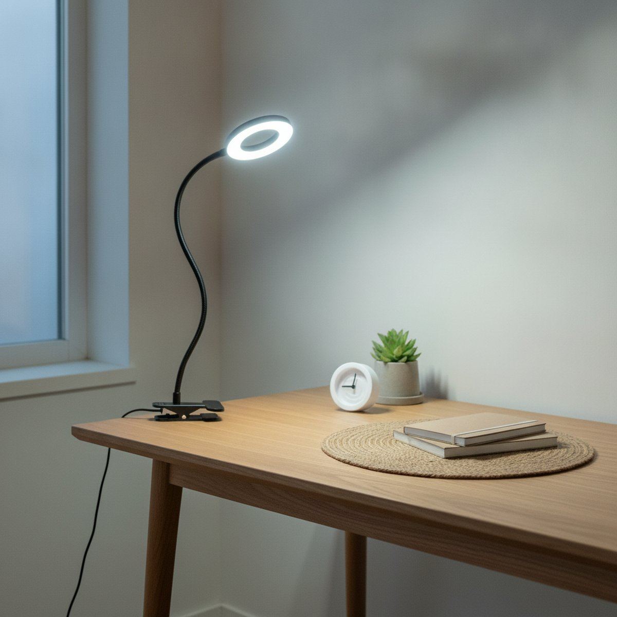 Lampe de bureau LED à pince Véga installée sur un bureau en bois, allumée en teinte blanche de jour