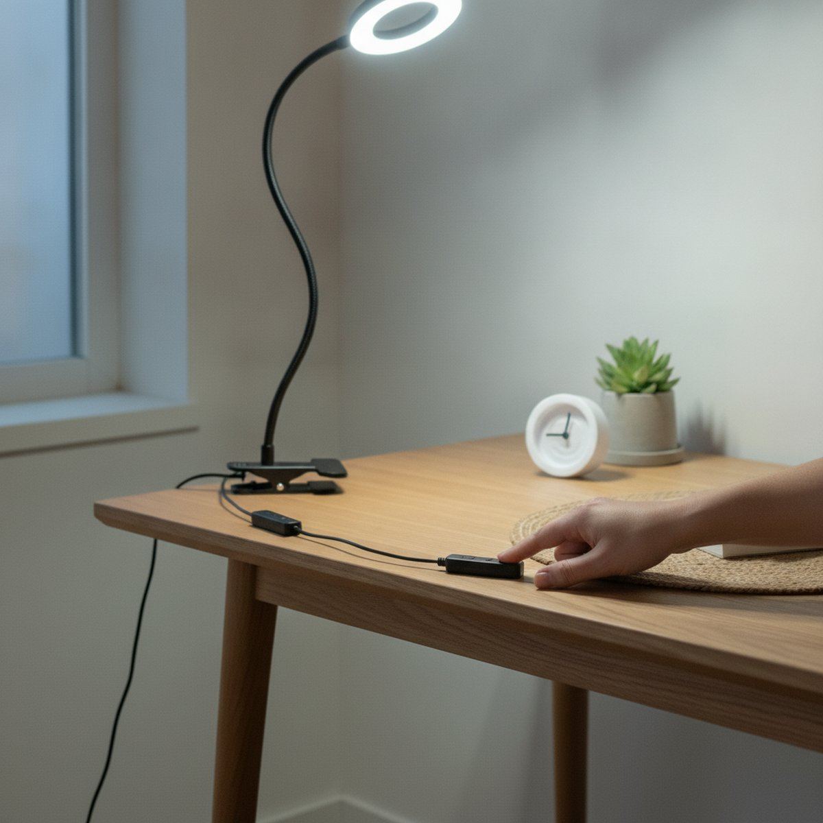 Réglage de l'intensité de la lampe de bureau LED à pince Véga depuis le boîtier sur le câble