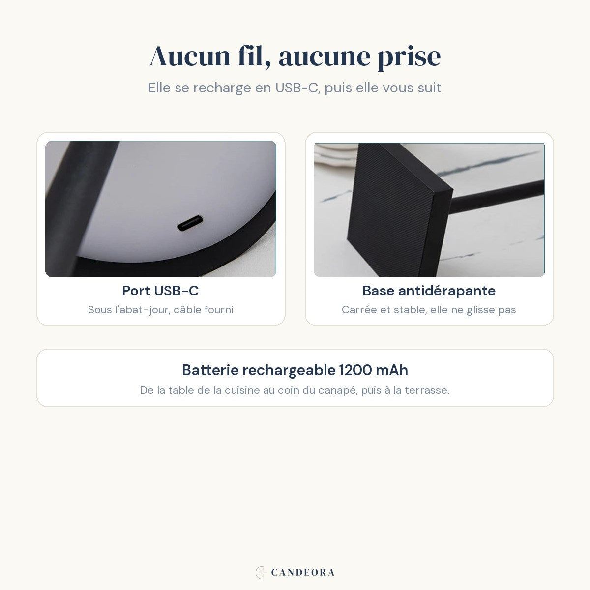 Recharge USB-C et base antidérapante de la lampe sans fil Alizé Candeora