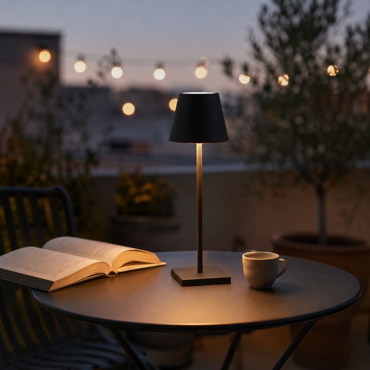 Lampe sans fil Alizé noire allumée sur une table de terrasse au crépuscule — Candeora