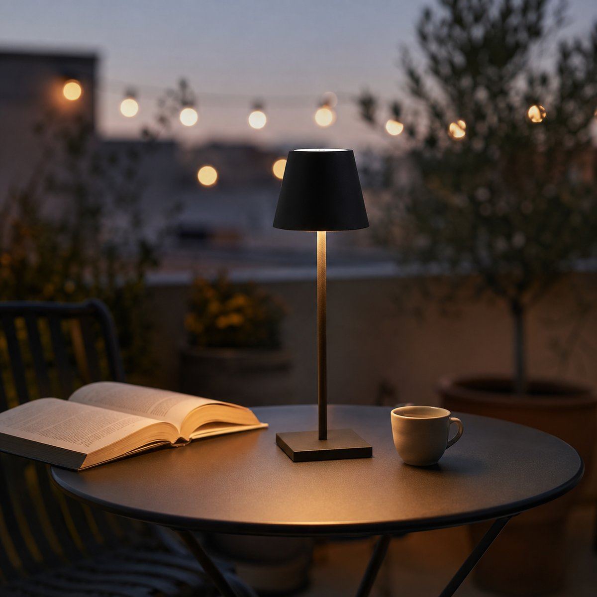 Lampe sans fil Alizé noire allumée sur une table de terrasse au crépuscule — Candeora