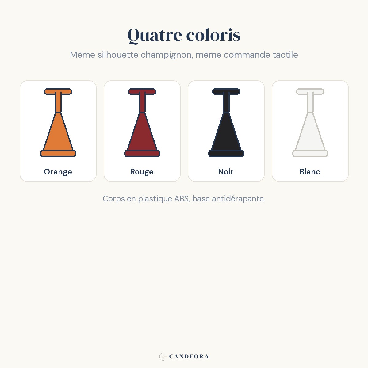 Infographie Lampe de bureau sans fil Autan, les quatre coloris disponibles