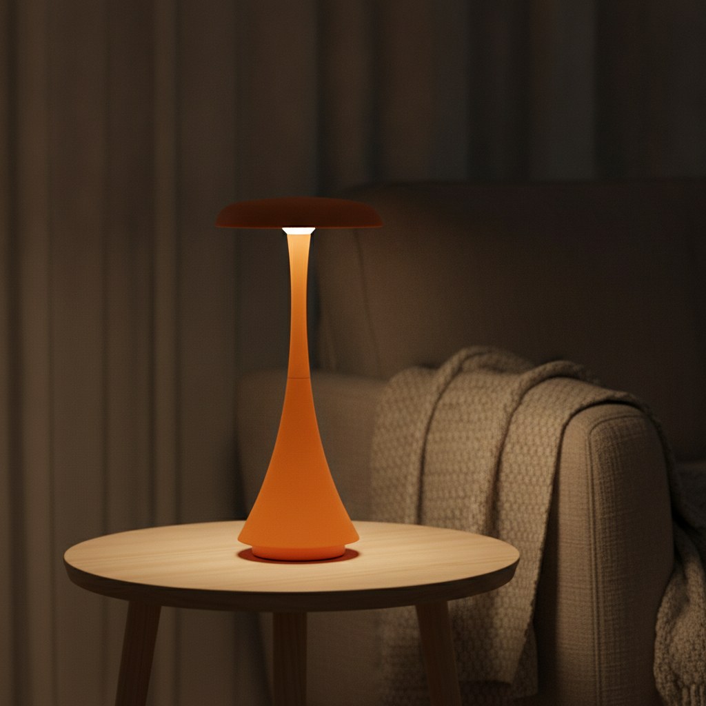Lampe de bureau sans fil Autan, ambiance du soir sur une table basse