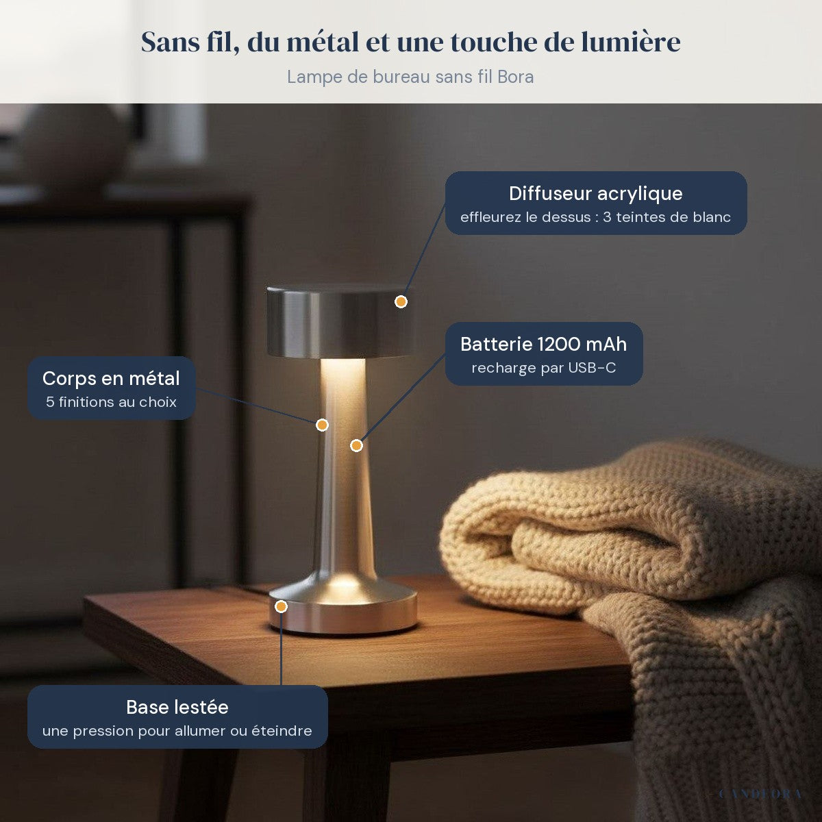 Lampe de bureau sans fil Bora sur une table d'appoint, caractéristiques annotées