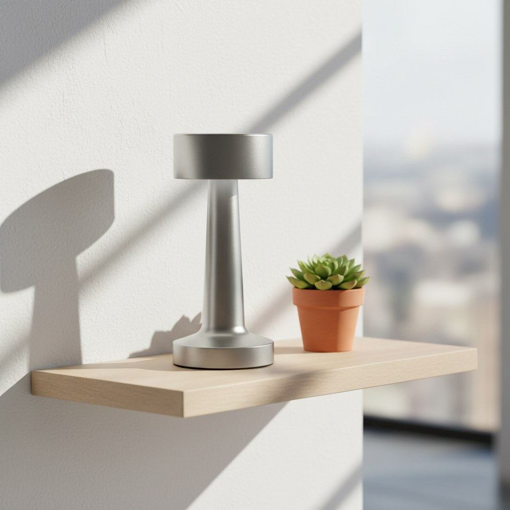 Lampe de bureau sans fil Bora éteinte, posée en journée sur une étagère