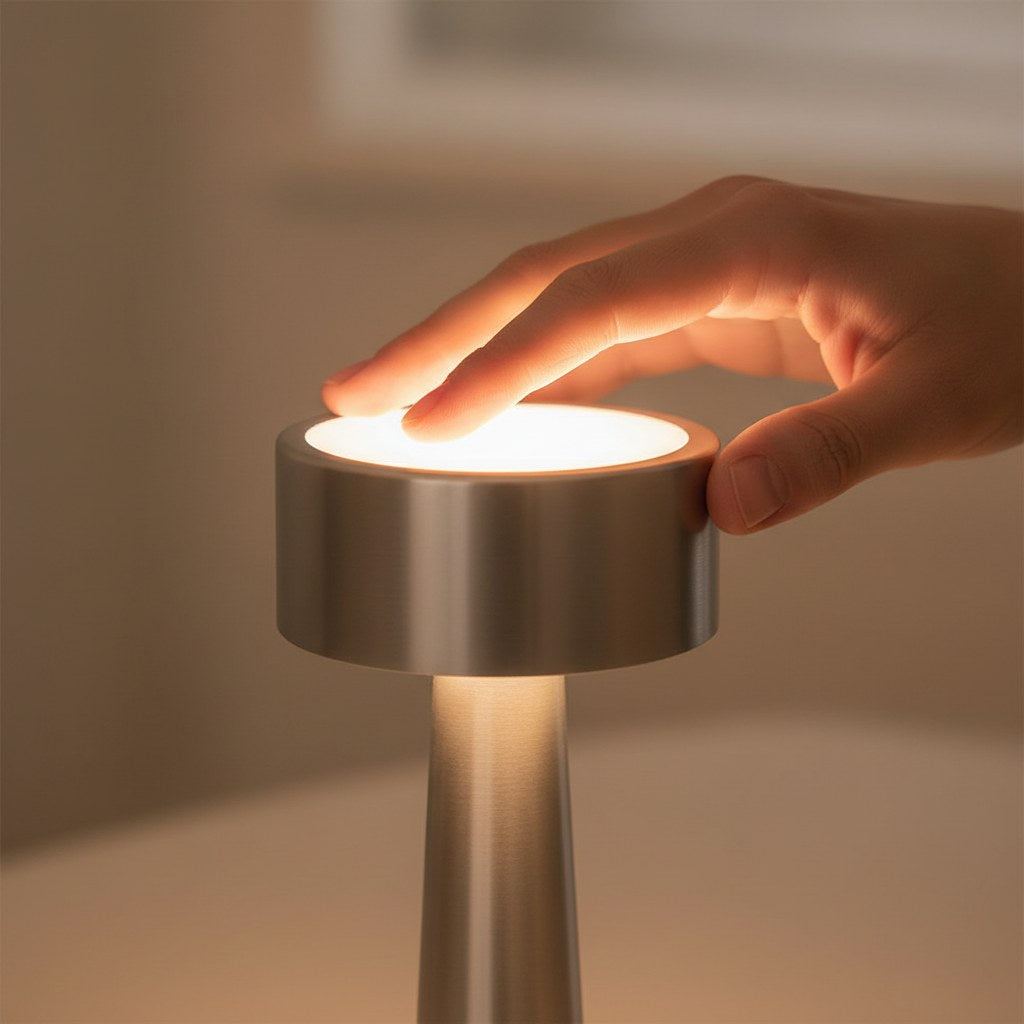 Main effleurant le dessus du diffuseur de la lampe Bora pour changer la teinte