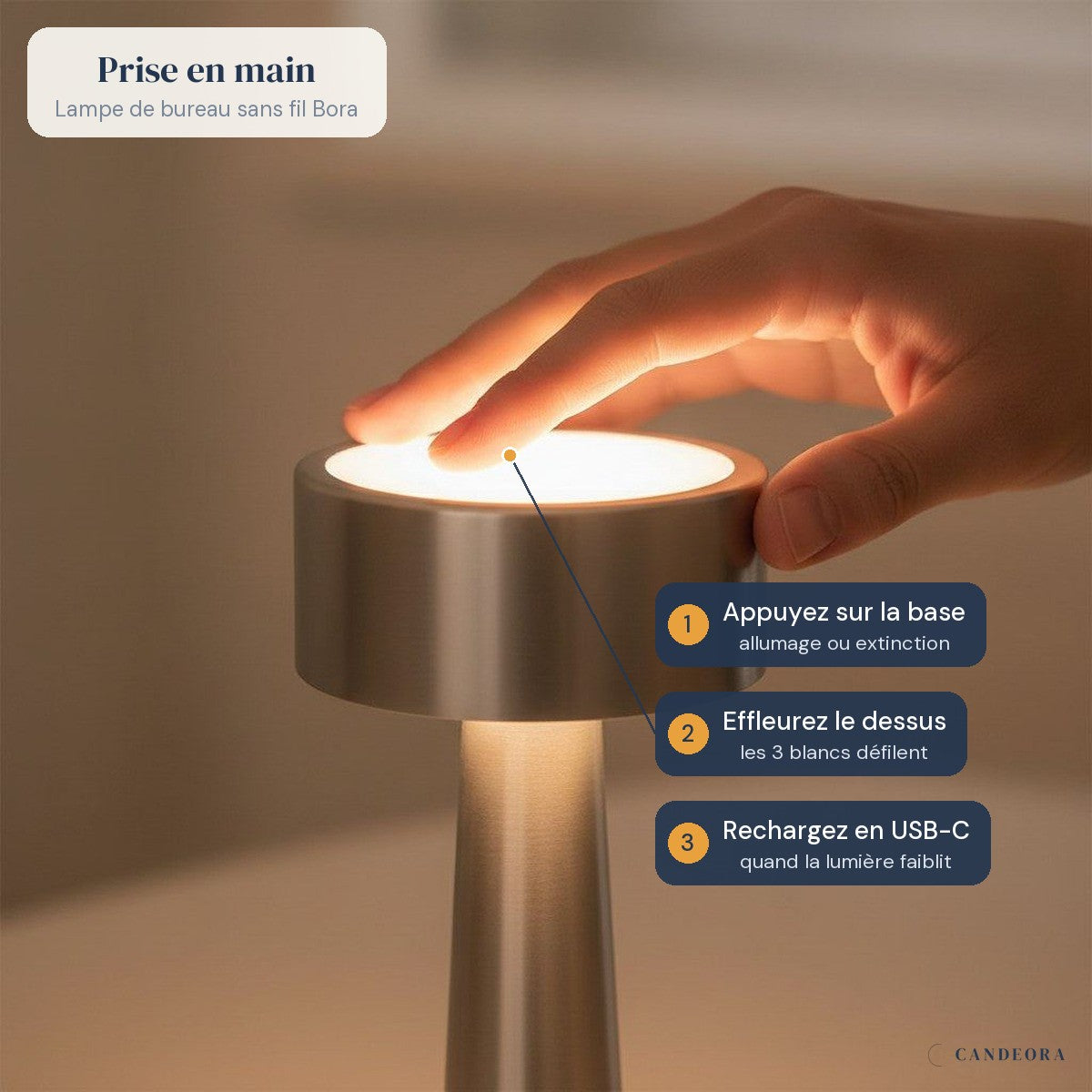 Lampe de bureau sans fil Bora en situation, prise en main en trois gestes : appuyez sur la base, effleurez le dessus, rechargez en USB-C