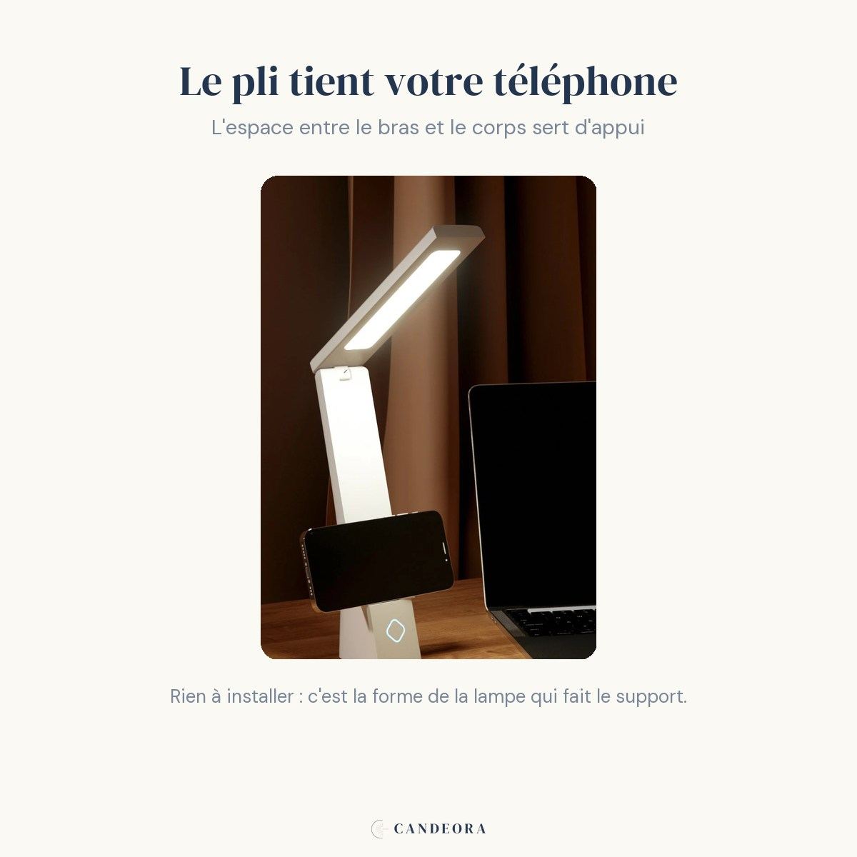 Le pli de la lampe Brise Candeora forme un support pour téléphone