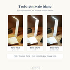 Les trois teintes de blanc de la lampe Brise Candeora et ses trois intensités