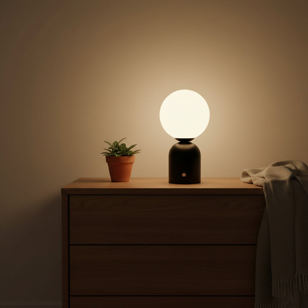 Lampe de bureau sans fil Foehn allumée le soir sur une commode en bois, lumière chaude