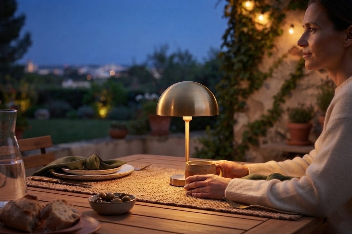Femme attablée le soir en terrasse près d'une lampe de bureau sans fil, sans aucun câble