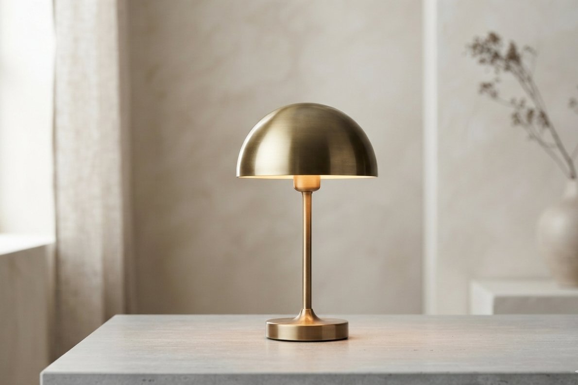 Lampe de bureau sans fil en laiton posée sur une surface épurée, sans câble