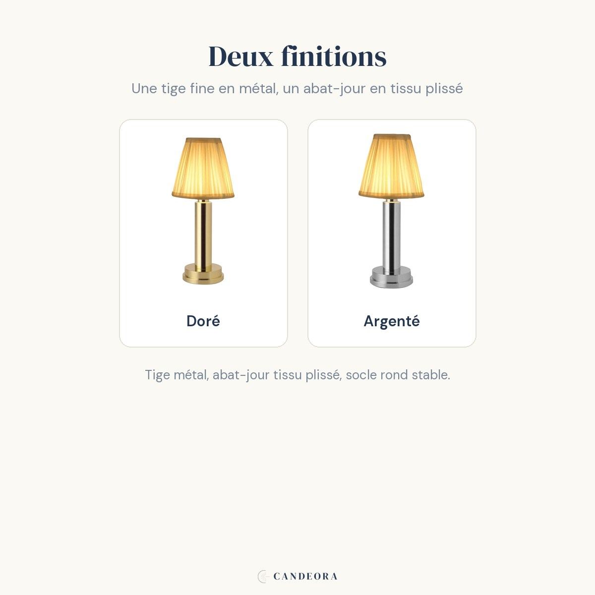 Infographie Ponant : deux finitions Doré et Argenté, tige métal et abat-jour tissu plissé
