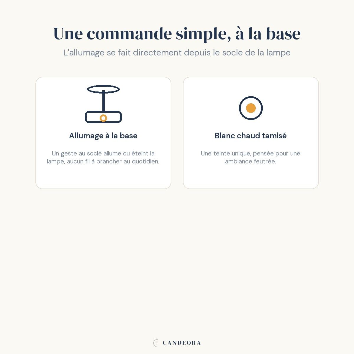 Infographie Ponant : allumage direct depuis la base, lumière blanc chaud tamisée