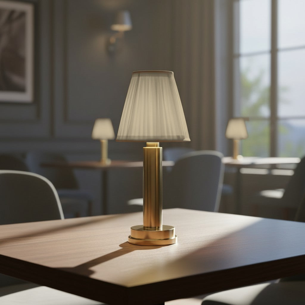 Lampe de bureau sans fil Ponant éteinte sur une table en bois, en pleine lumière du jour
