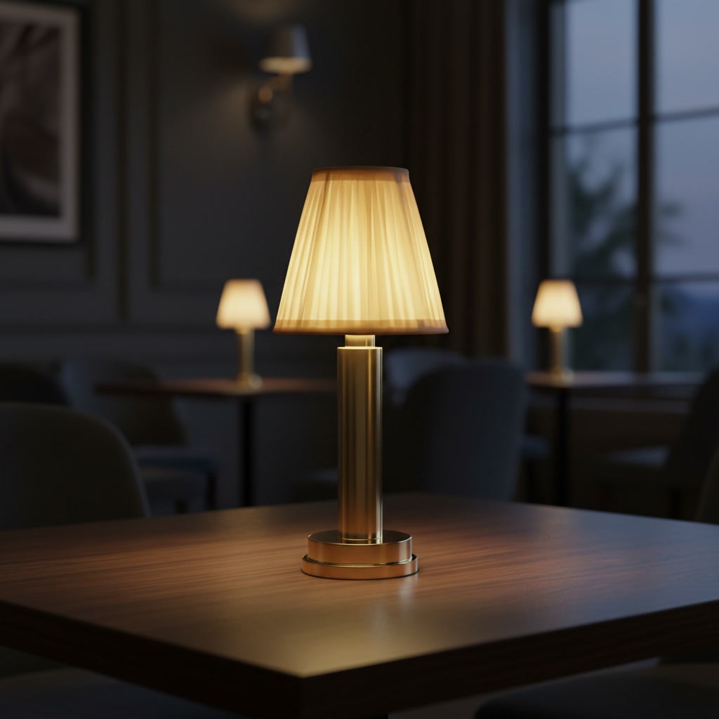 Lampe de bureau sans fil Ponant allumée, abat-jour plissé, sur une table en bois dans une salle tamisée en soirée
