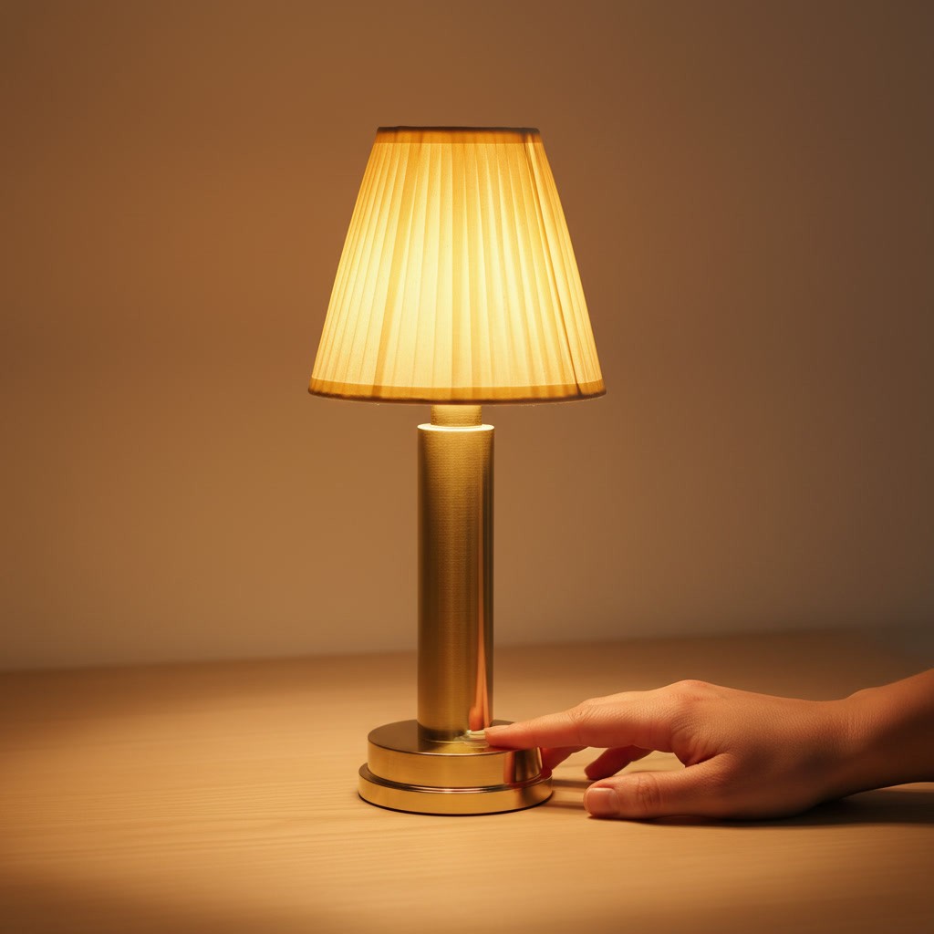 Main qui allume la lampe de bureau sans fil Ponant en touchant sa base dorée