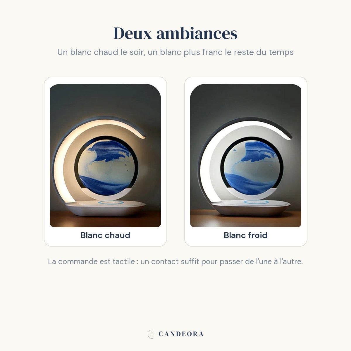 Les deux ambiances de la lampe Sirocco Candeora : blanc chaud et blanc froid