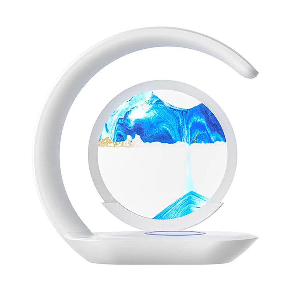 Lampe de bureau sans fil Sirocco Candeora, disque de sable bleu et arc lumineux, sur fond blanc