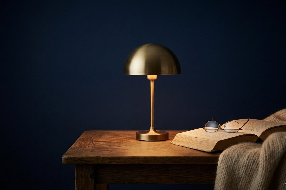 Lampe de bureau sans fil diffusant une lumière chaude dans un coin lecture le soir