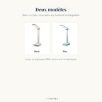 Les deux modèles de la lampe de bureau sans fil Suroît, Blanc et Bleu, batterie rechargeable - Candeora