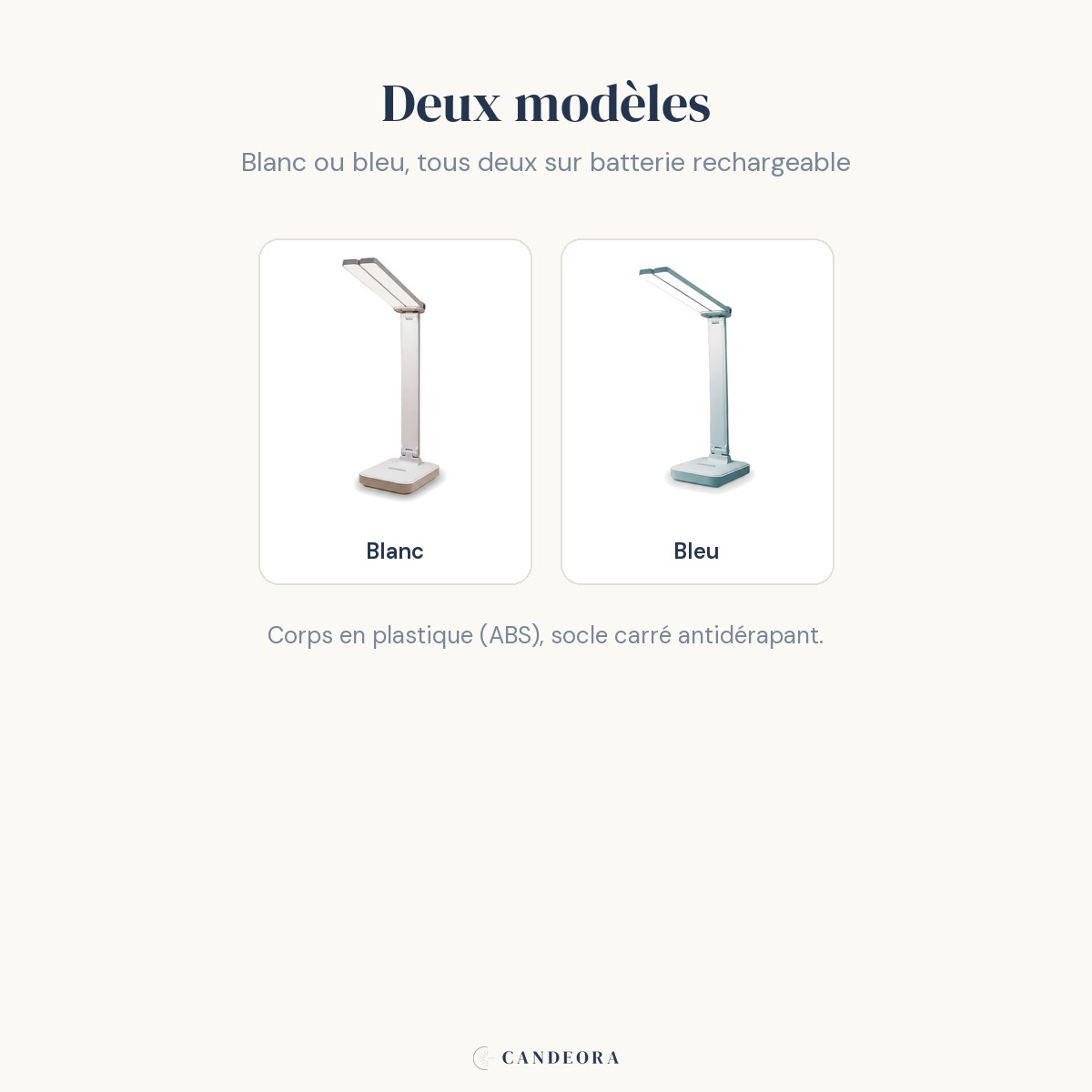 Les deux modèles de la lampe de bureau sans fil Suroît, Blanc et Bleu, batterie rechargeable - Candeora