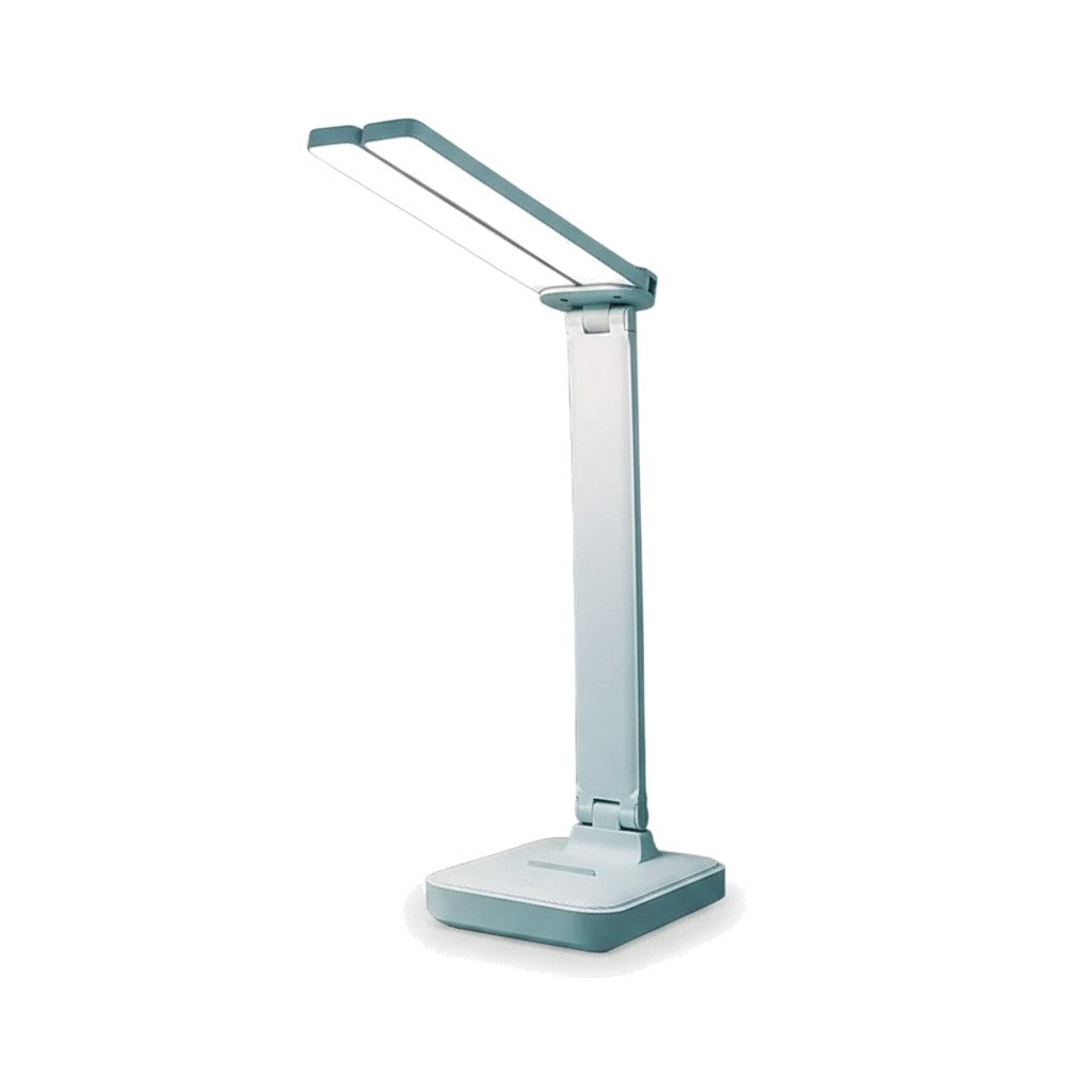 Lampe de bureau sans fil Suroît, bleue, pliable, sur fond blanc - Candeora