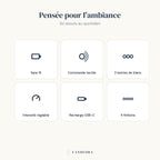 Les atouts de la lampe Zéphyr : sans fil, tactile, 3 teintes, intensité réglable, USB-C, 4 finitions.