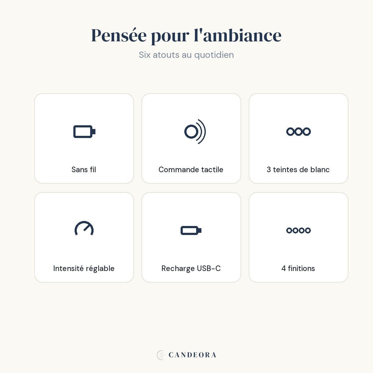 Les atouts de la lampe Zéphyr : sans fil, tactile, 3 teintes, intensité réglable, USB-C, 4 finitions.
